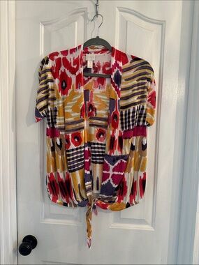 Chico’s Abstract Multicolor Tie-Front Top-Red, Gold, Purple, Cream
